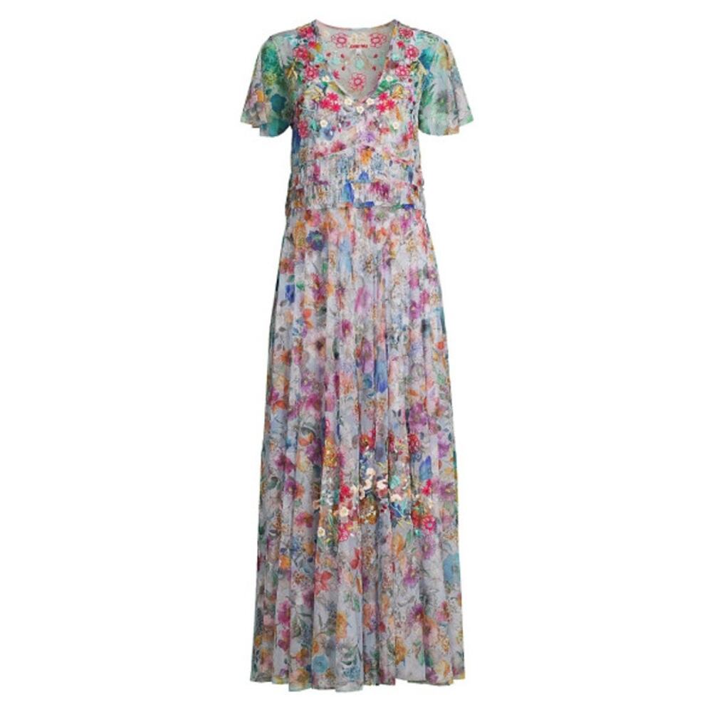 NWT Johnny Was Biya Mazzy Ruched Floral Mesh Maxi Dress Small NEW